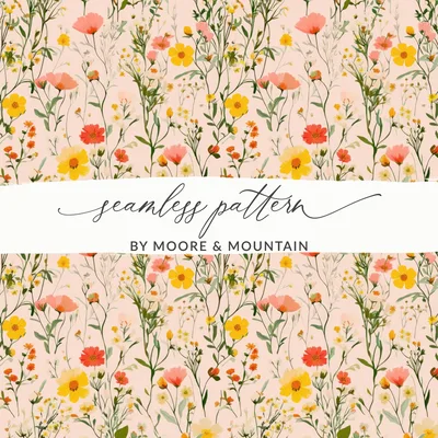 Blush Boho Wildflower Seamless, Pastel Spring Wildflowers Pattern, Vintage Wildflowers Digital Background, Seamless Wildflower Field
