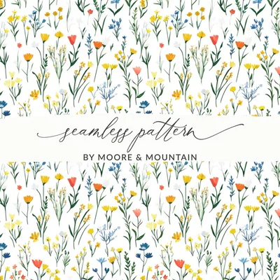 Blush Boho Wildflower Seamless, Spring Wildflowers Pattern, Yellow, Pastel, Vintage Wildflowers Digital Background