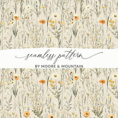 Blush Boho Wildflower Seamless, Spring Wildflowers Pattern, Yellow Vintage Wildflowers Digital Background