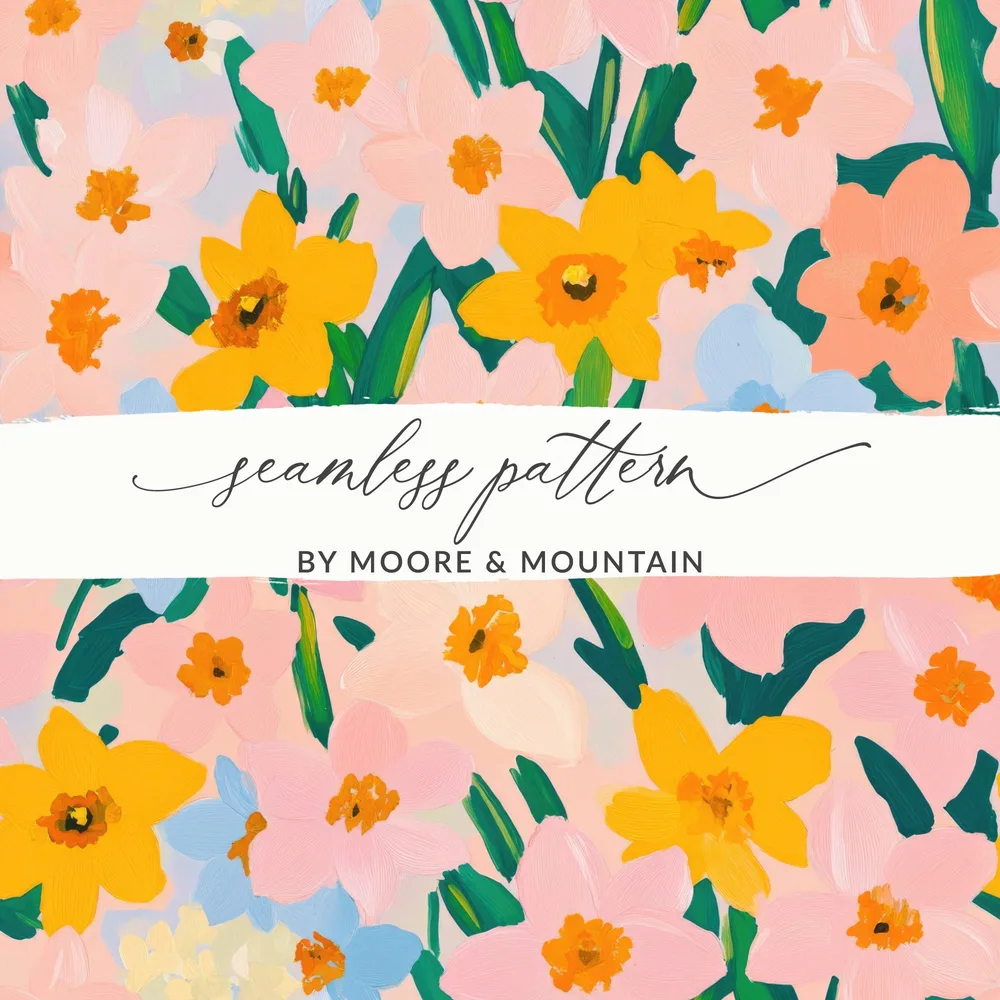 Blush Pink Spring Floral Pattern Digital, Daffodil Flower Field, Yellow, Light Blue Painted Acrylic Spring Flower Pattern, Digital