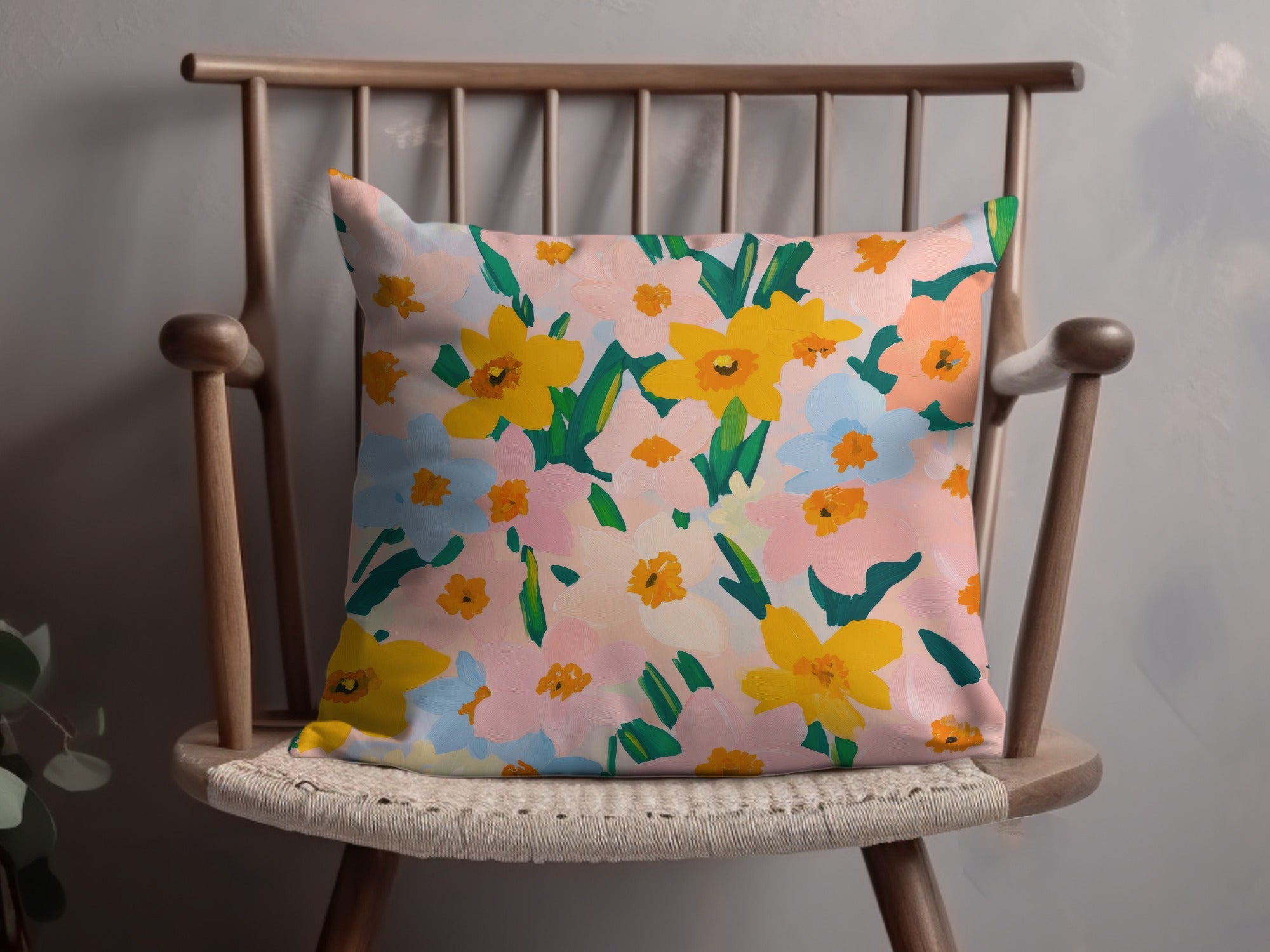 Blush Pink Spring Floral Pattern Digital, Daffodil Flower Field, Yellow, Light Blue Painted Acrylic Spring Flower Pattern, Digital