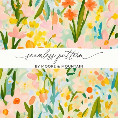 Blush Pink, Yellow, Daffodil Spring Floral Pattern, Painted Acrylic Flower Field, Seamless Digital Paper, Summery Florals