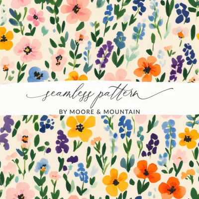 Blush, Yellow, Blue Painted Gouache Spring Florals, Digital Flower Pattern, Seamless Flower Field, Daffodil, Pansies, Digital Download