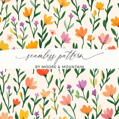 Boho Floral Seamless Pattern, Blush Yellow Orange, Multicolored Digital Paper, Ditsy Floral Design, Scrapbooking Fabric Design