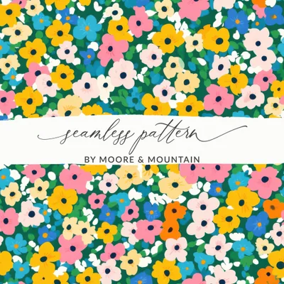 Boho Floral Seamless Pattern, Ditsy Floral Digital Paper, Yellow Blush Blue Flowers Design, Floral Background, Fabric Print Pattern, Digital