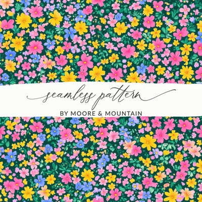 Boho Floral Seamless Pattern, Ditsy Floral, Pink, Yellow, Blue Flowers, Dark Green Background, Digital Paper, Fabric Design, Digital