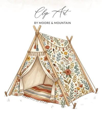Boho Teepee Tent Clip Art PNG, Watercolor Floral Tent SVG, Woodland Nursery Digital Print, Kids Playroom Decor, Baby Shower