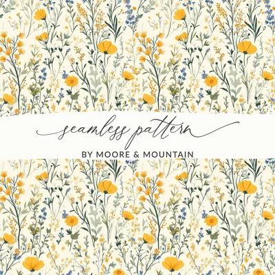 Boho Wildflower Seamless, Yellow Wildflowers, Vintage Wildflowers Digital Background, Spring Wildflowers Pattern, Light Blue Flowers