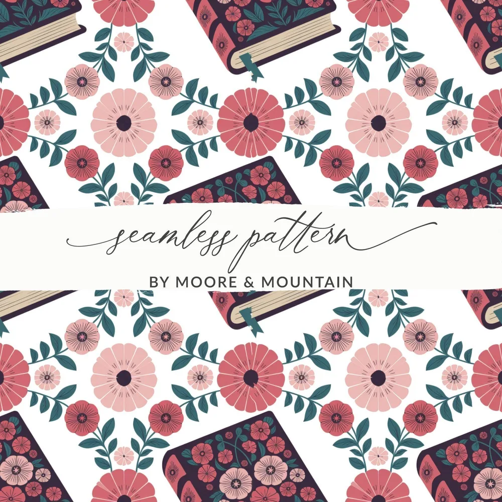 Book and Flower Digital Paper, Seamless Floral Pattern, Digital Scrapbook Paper, Fabric Design, Bookish Gift, Digital Download (138)