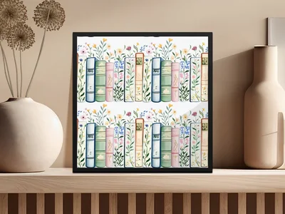 Books and Flowers Digital Repeat Pattern Whimsical Bookshelf Digital