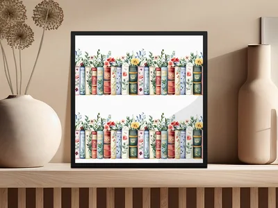 Books and Flowers Seamless Pattern Botanical Library Digital