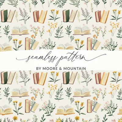 Books and Flowers Seamless Pattern, Digital Paper, Botanical Design, Reading Nook Decor, Fabric Design, Floral Book Lover Gift, Digital