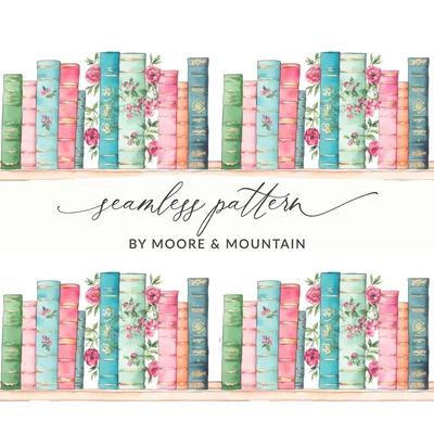 Bookshelf Digital Paper, Floral Book Digital Download, Seamless Book Pattern, Library Decor Digital, Scrapbook Paper, Book Lover Gift