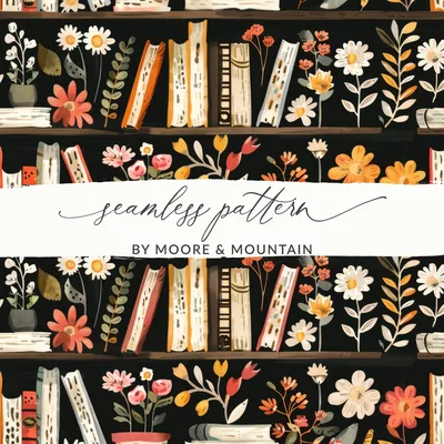 Bookshelf Floral Digital Paper, Seamless Pattern Design, Flower Bookcase Print, Repeat Pattern, Digital Background, Scrapbook Paper
