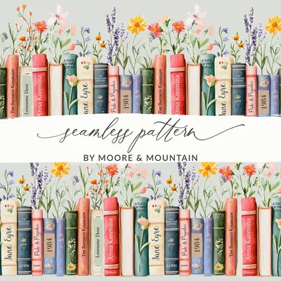 Bookshelf Flowers Digital Paper, Classic Literature Seamless Pattern, Cottagecore Design, Book Lover Scrapbook Paper, Digital Download