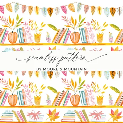 Bookshelf Seamless Pattern, Fall Digital Paper, Watercolor Books, Autumn Leaves, Reading Lover, Scrapbook Paper, Planner Printable