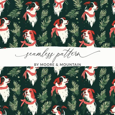 Border Collie Christmas Digital Paper, Dog Seamless Pattern, Holiday Digital Download, Pet Lover Gift, Winter Greenery Pattern