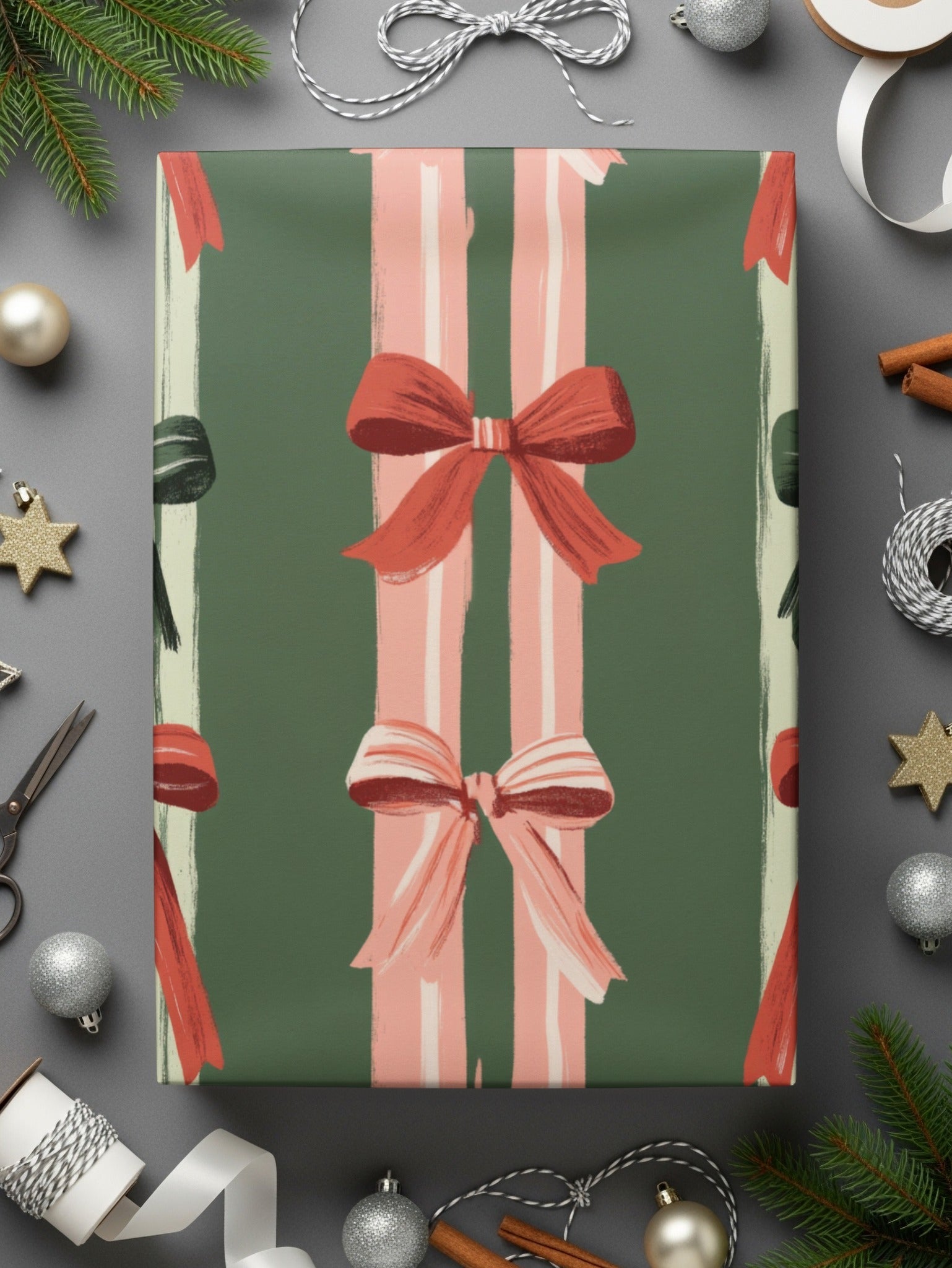 Bows Digital Paper, Seamless Pattern, Coquette Christmas Holiday Bows Fabric Design, Pink, Green Bows, Scrapbooking Paper, Digital Paper, Holiday Pattern, Christmas Seamless Pattern, Digital Download, Fabric Design, Scrapbooking Paper, Festive Design