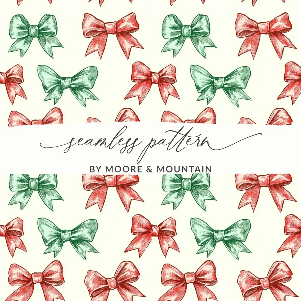 Bows Digital Paper, Coquette Christmas Holiday Bows Fabric Design, Pink, Green Bows, Scrapbooking Paper, Digital Download, forBow Seamless Pattern, Christmas Bows, Digital Paper, Holiday Scrapbook Paper, Red and Green Bows Digital Product