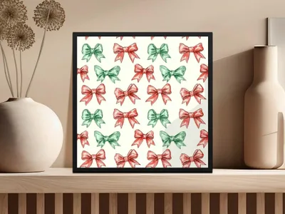 Bows Digital Paper, Coquette Christmas Holiday Bows Fabric Design, Pink, Green Bows, Scrapbooking Paper, Digital Download, forBow Seamless Pattern, Christmas Bows, Digital Paper, Holiday Scrapbook Paper, Red and Green Bows Digital Product