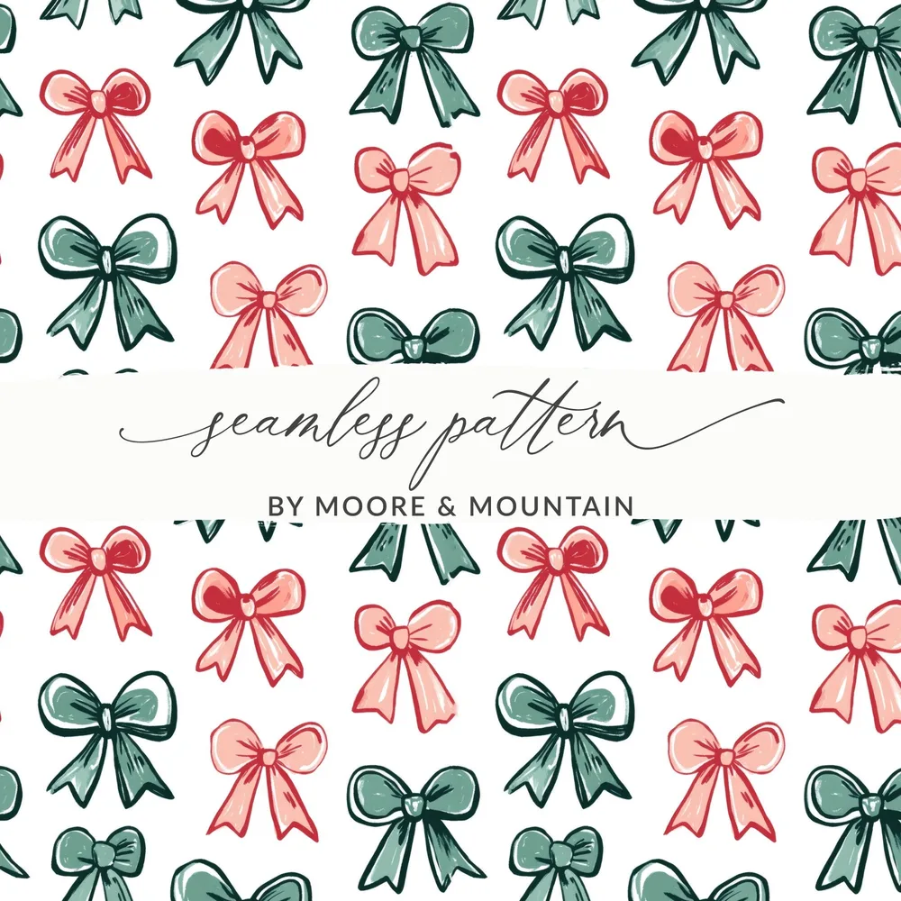 Bows Digital Paper, Seamless Pattern, Coquette Christmas Holiday Bows Fabric Design, Pink, Green Bows, Scrapbooking Paper, Digital Download, for