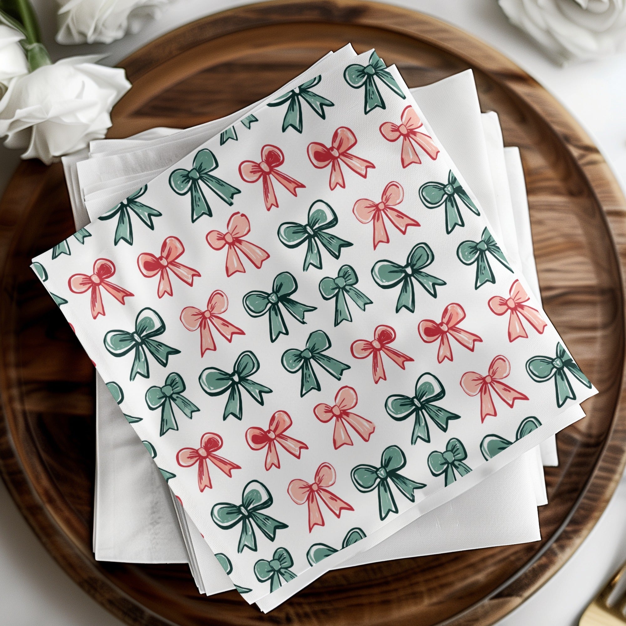 Bows Digital Paper, Seamless Pattern, Coquette Christmas Holiday Bows Fabric Design, Pink, Green Bows, Scrapbooking Paper, Digital Download, for