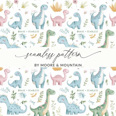 Boy Seamless Pattern, Baby Boy Background Cute Watercolor Dinosaur Seamless Pattern, Dino Digital Paper, Brave and Fearless