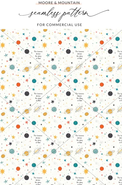 Boys Christian Seamless Pattern, The Heavens Declare Glory of God, Digital Paper Planets Stars Galaxy, Nursery Bible Verse Art, Whimsical