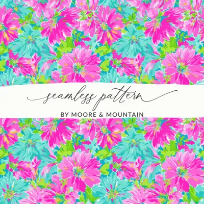 Bright Floral Digital Paper, Preppy Hot Pink & Teal Flowers Seamless Pattern, Summer Scrapbook Design, Vibrant Flower Background Digital