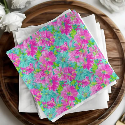 Bright Floral Digital Paper, Preppy Hot Pink & Teal Flowers Seamless Pattern, Summer Scrapbook Design, Vibrant Flower Background Digital