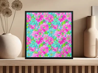 Bright Floral Digital Paper, Preppy Hot Pink & Teal Flowers Seamless Pattern, Summer Scrapbook Design, Vibrant Flower Background Digital