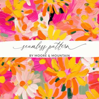 Bright Pink and Orange Acrylic Seamless Abstract Digital, Floral Modern Paint Strokes, Flower Design, Painted Texture, Seamless Pattern