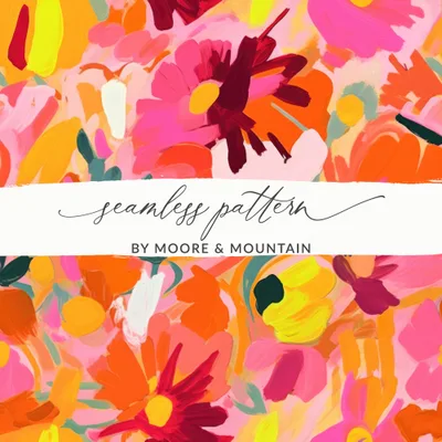 Bright Pink and Orange, Acrylic Seamless Abstract, Digital Floral Pattern, Painted Flowers, Vibrant Digital Paper, Seamless Textile Art