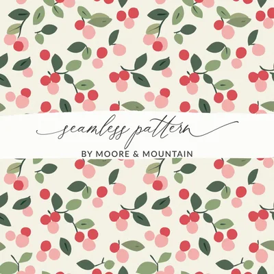 Bright Red Christmas Simple Berries and Branches Pink and Green Seamless Xmas Background