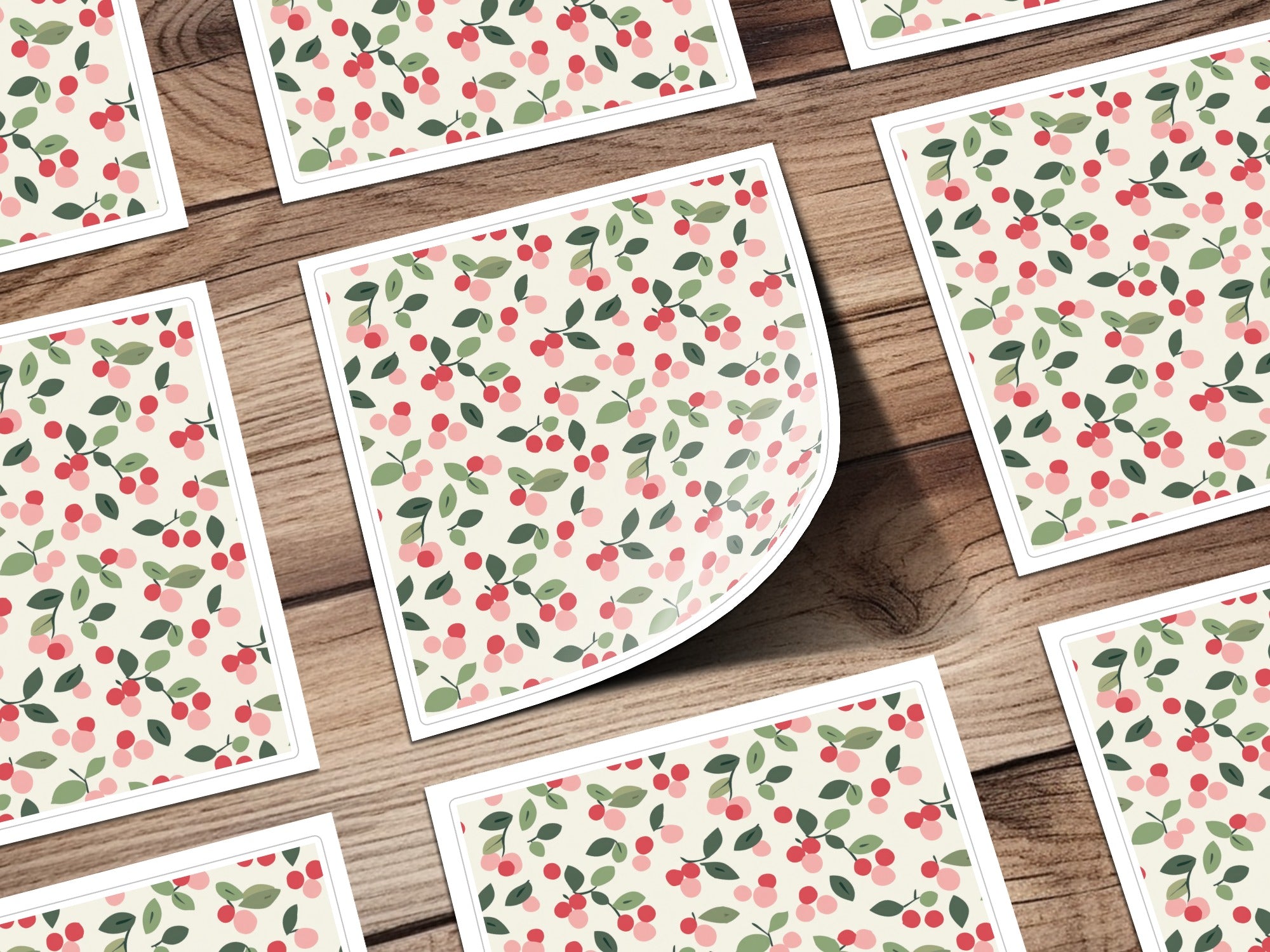 Bright Red Christmas Simple Berries and Branches Pink and Green Seamless Xmas Background