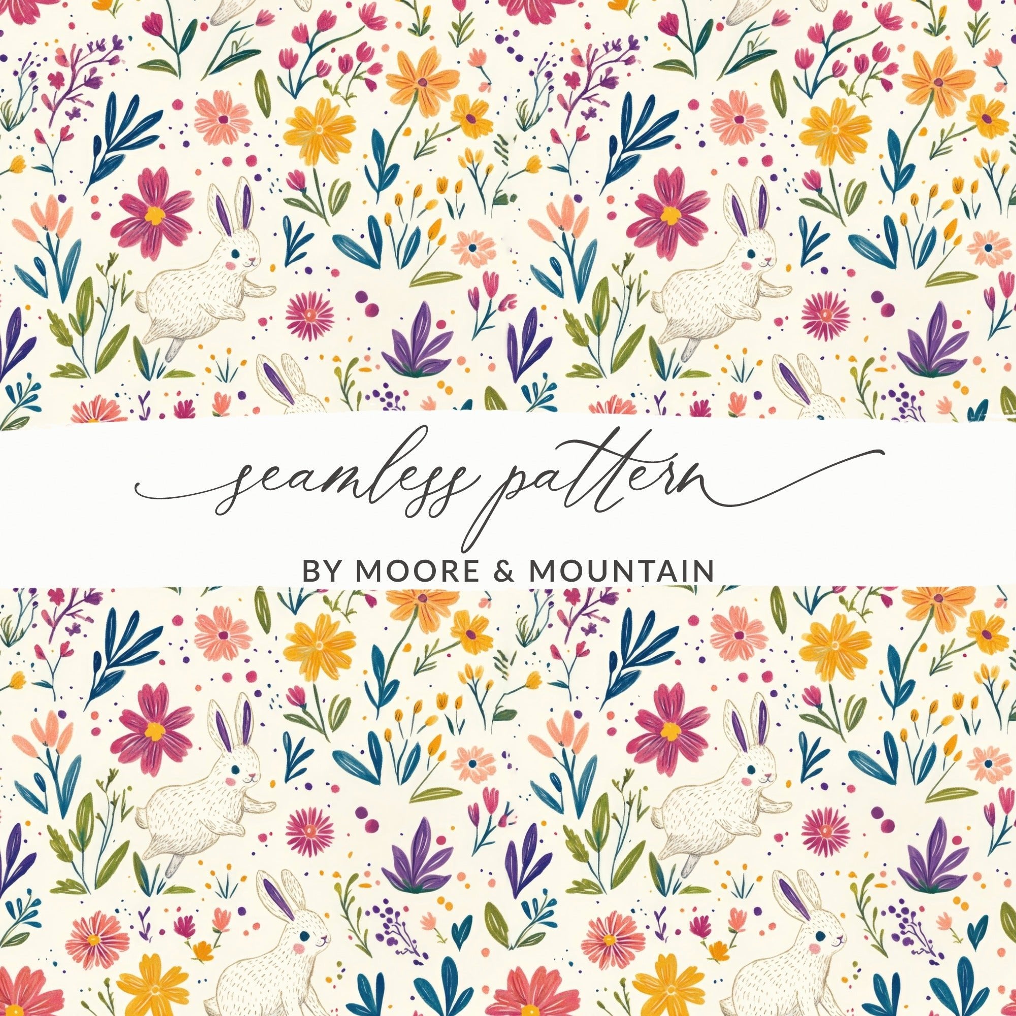 Bunny Amongst Flowers Seamless Pattern Design JPEG Files