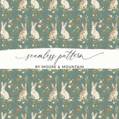 Bunny Floral Digital Paper, Seamless Pattern, Easter Rabbit, Pastel Green, Springtime Design, Digital Download, Scrapbooking Paper, Print