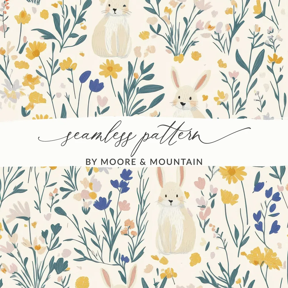 Bunny Floral Digital Paper, Seamless Pattern, Spring Flowers Illustration, Pastel, Rabbit Art, Kids Design, Scrapbooking, Wallpaper