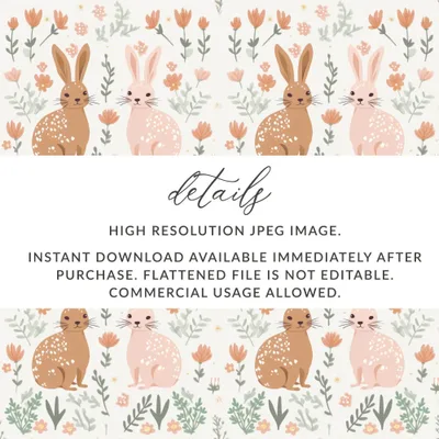 Bunny Rabbit Seamless Pattern, Digital Paper, Floral Print, Easter Theme, Digital Download, Fabric Design, Cute Animals, Scrapbooking