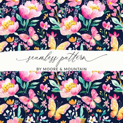 Butterfly and Floral Digital Seamless Pattern, Watercolor Flower Print, Floral Repeat Pattern, Fabric Design, Digital Paper