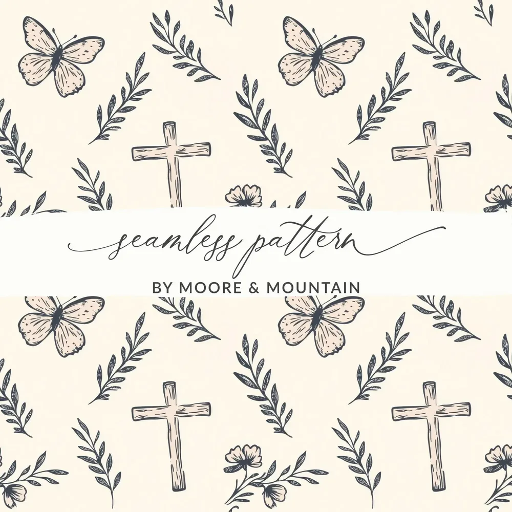 Butterfly Cross Seamless Pattern, Floral Digital Paper, Faith Inspired Designs, JPEG Files for Fabric Design, Scrapbooking
