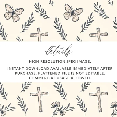Butterfly Cross Seamless Pattern, Floral Digital Paper, Faith Inspired Designs, JPEG Files for Fabric Design, Scrapbooking