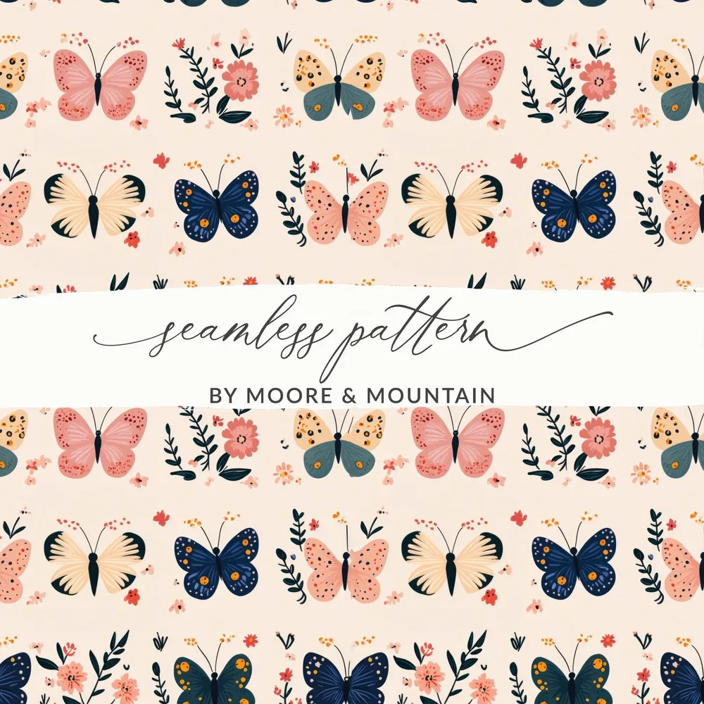Butterfly Digital Paper, Floral Pattern, Pink, Navy, Beige, Seamless Pattern, Spring Digital Download, Kids Fabric, Scrapbooking