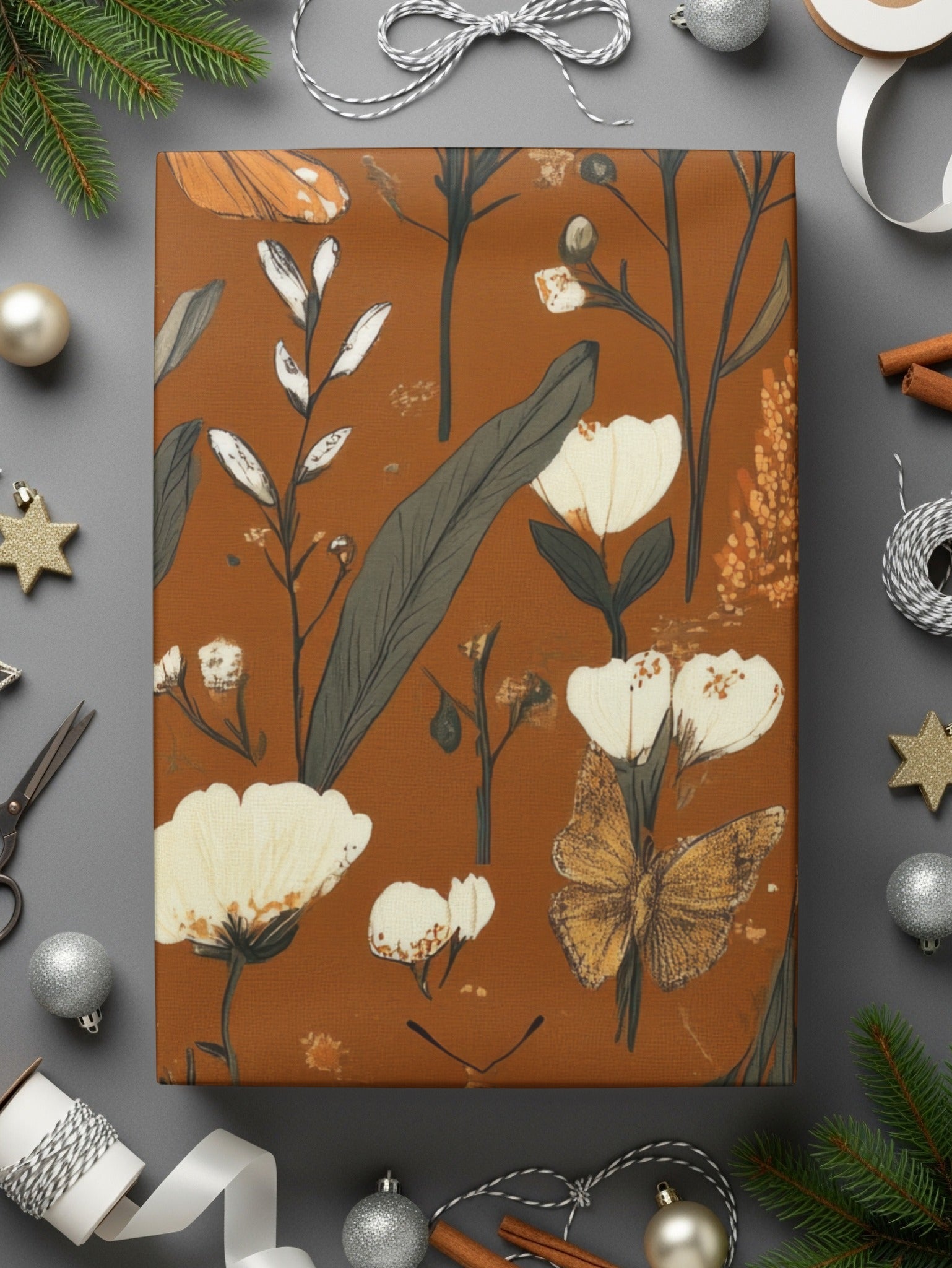Butterfly Digital Paper, Floral Seamless Pattern, Nature Fabric Design, Botanical Scrapbook Paper, Rust Background, JPEG Digital Files