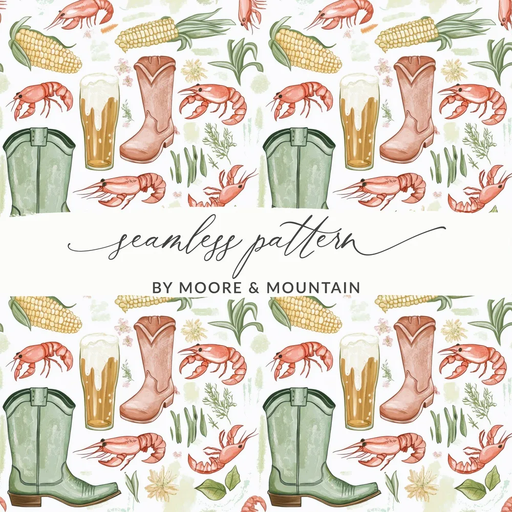 Cajun Crawfish Boil Digital Paper, Cowboy Boot Seamless Pattern, Southern Country Beer Corn Design, Western Summer PNG Print