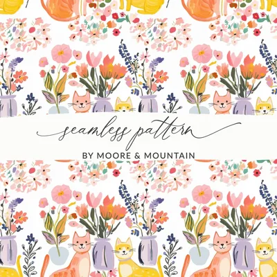 Cat and Floral Digital Paper, Seamless Pattern, Nursery Art, Watercolor Kitten, Pet Illustration, Floral Design, Spring Digital File