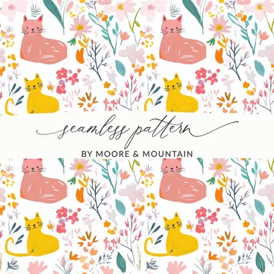 Cat and Flower Digital Seamless Pattern, Animal Floral Design, Pet Fabric, Cute Kitten Image, Download Files, Printable Design, Crafts