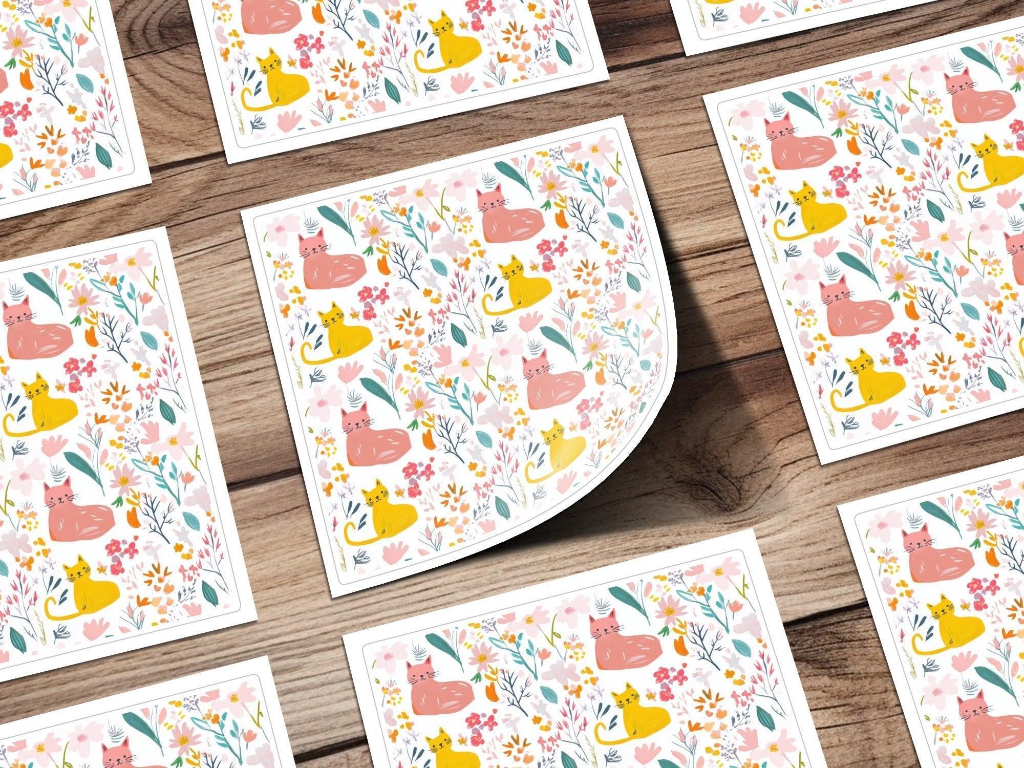 Cat and Flower Digital Seamless Pattern, Animal Floral Design, Pet Fabric, Cute Kitten Image, Download Files, Printable Design, Crafts