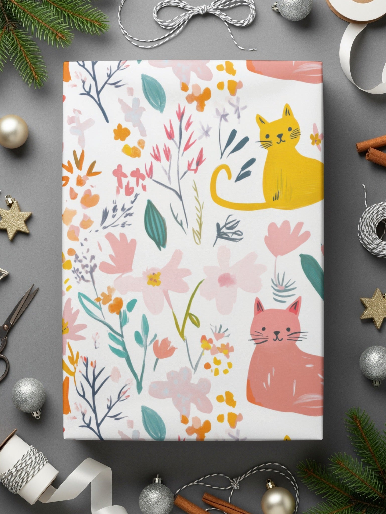 Cat and Flower Digital Seamless Pattern, Animal Floral Design, Pet Fabric, Cute Kitten Image, Download Files, Printable Design, Crafts