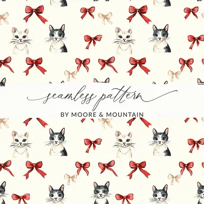 Cat Bow Seamless Pattern, Digital Fabric, Scrapbook Paper, Cute Kitten, Christmas Bows, Digital Download, Commercial Use, Craft Supply